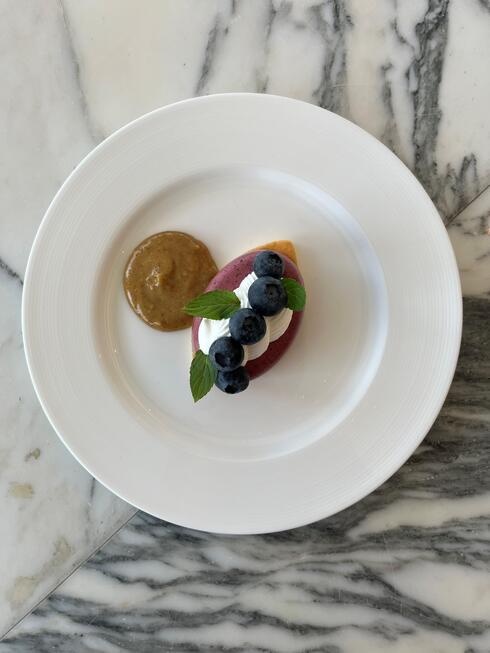 Mousse de myrtilles, Crème pralinée, chantilly au yaourt
ブルーベリーのムース　プラリネのクリーム ヨーグルトシャンティ
